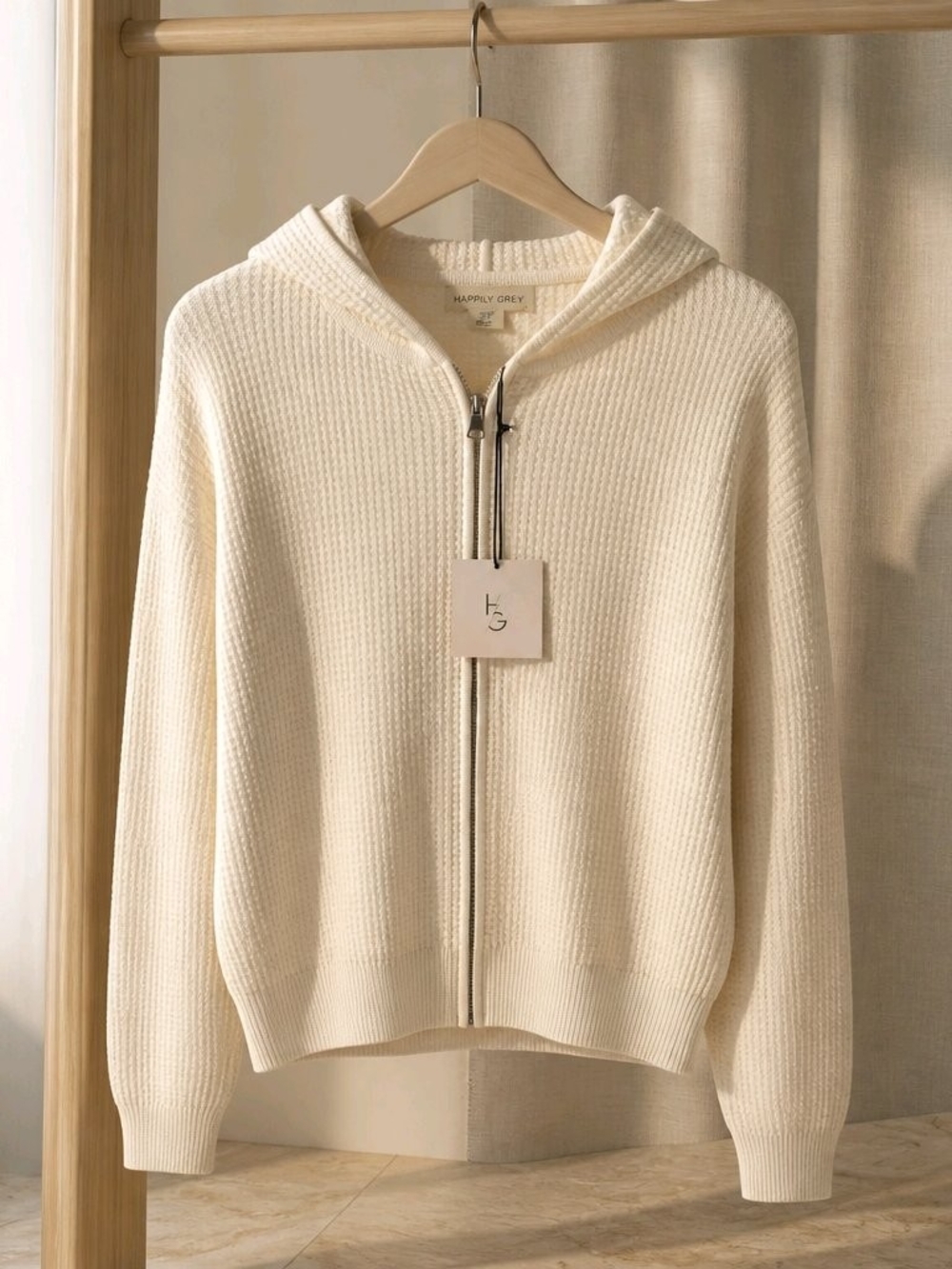 Happily Grey Cream Zip-Front Hooded Cardigan